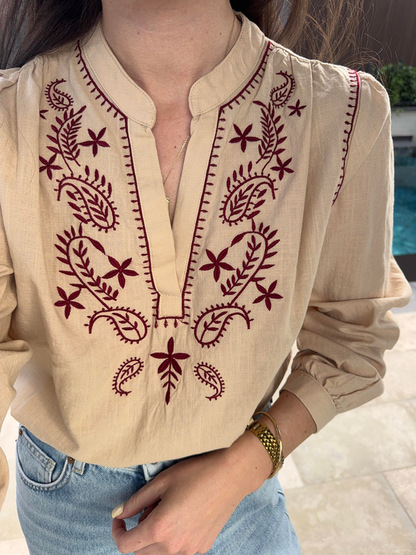 Bordo Nakışlı Keten Bluz