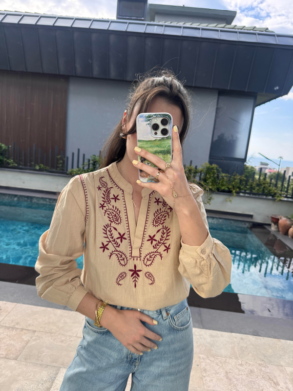 Bordo Nakışlı Keten Bluz