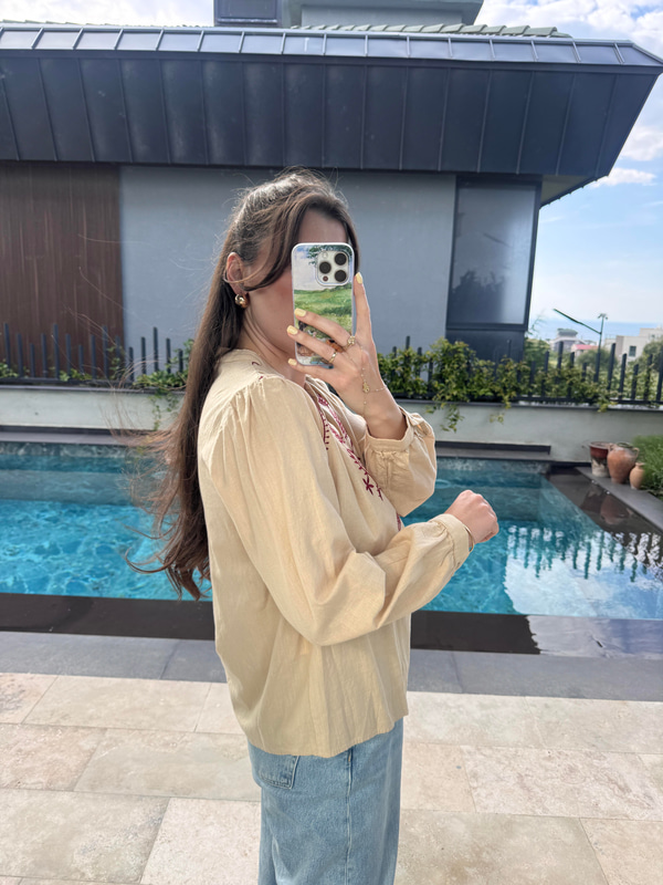 Bordo Nakışlı Keten Bluz