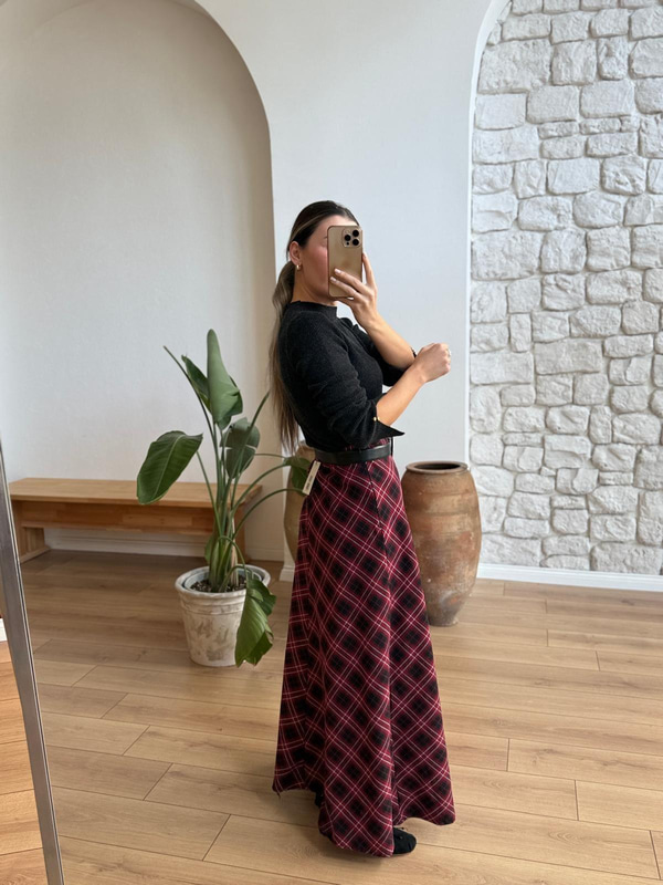 Bordo Siyah Ekose Desen Etek