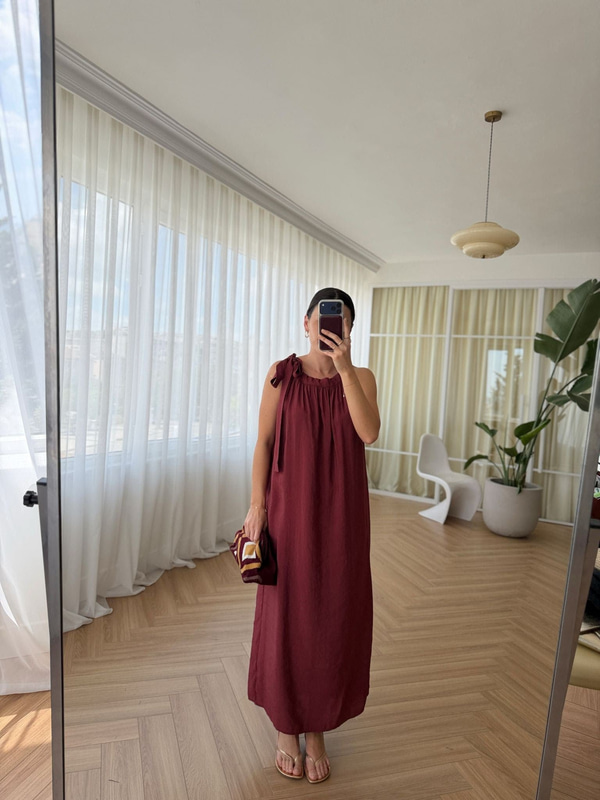 Boyundan Bağlamalı Bordo Tensel Elbise