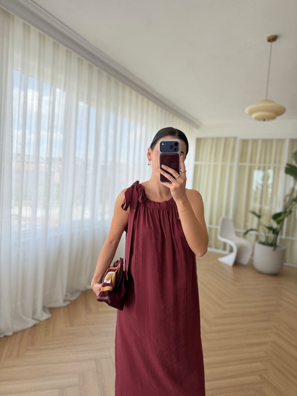 Boyundan Bağlamalı Bordo Tensel Elbise