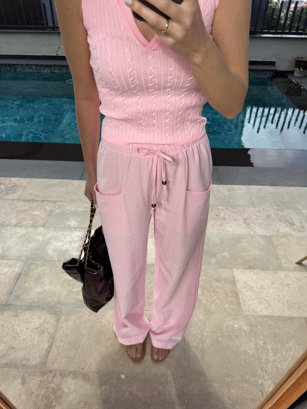 Bs Pembe Cepli Keten Pantolon