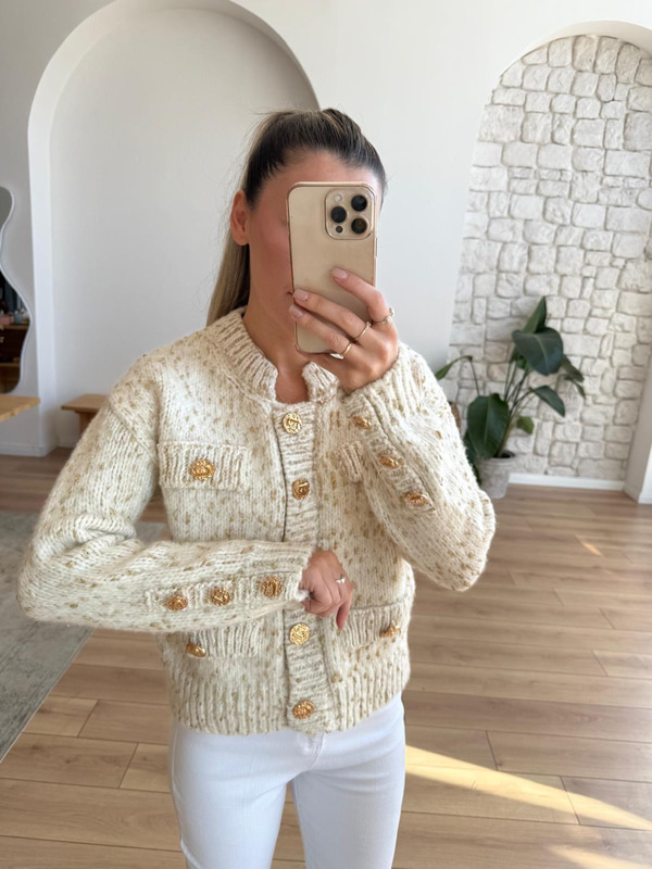 Cep Kapaklı Simli Ekru Triko Ceket