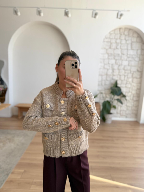 Cep Kapaklı Simli Vizon Triko Ceket