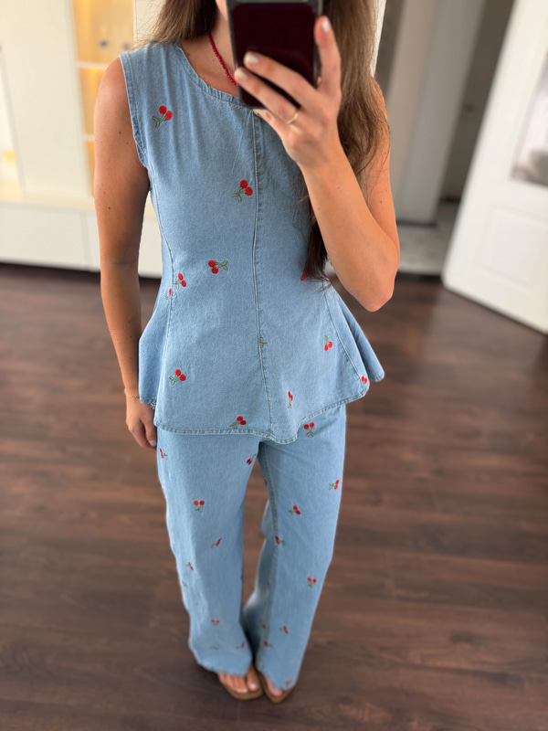 Cherry Nakışlı Mavi Kot Takım