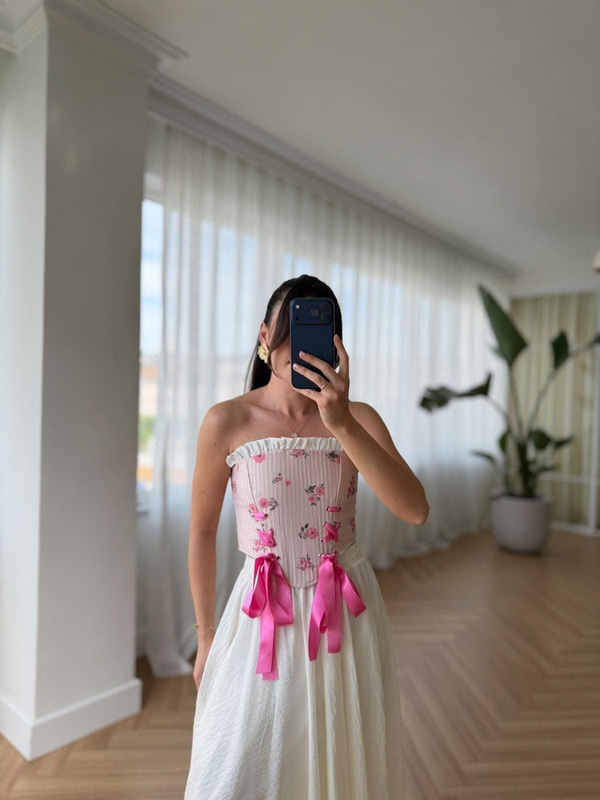Çiçek Desen Pembe Vintage Korse