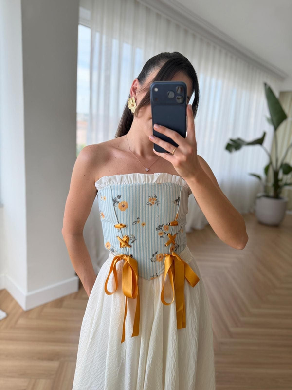 Çiçek Desen Sarı Vintage Korse