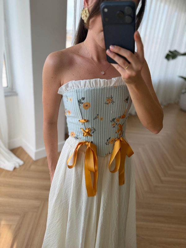 Çiçek Desen Sarı Vintage Korse