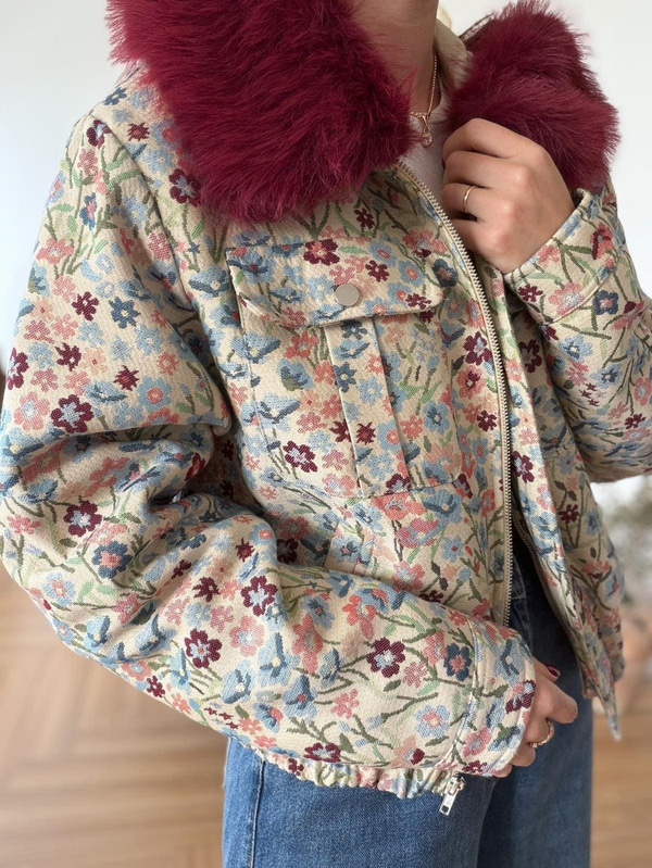 Çiçek Desen Yakası Kürklü Mont