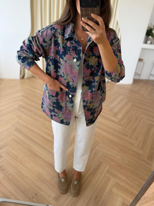 Çiçek Desenli Denim Ceket