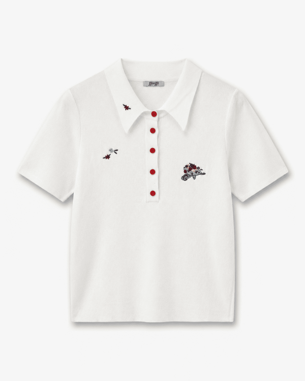 Çiçek Nakışlı Polo Yaka Beyaz Triko