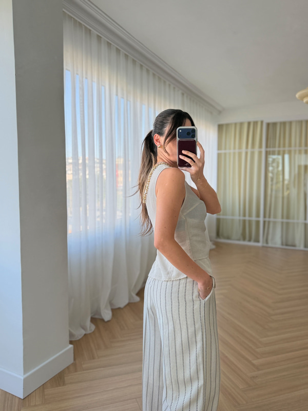 ÇiçekÇizgili Keten Karışımlı Pantolon