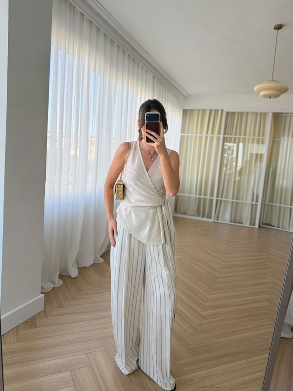 ÇiçekÇizgili Keten Karışımlı Pantolon