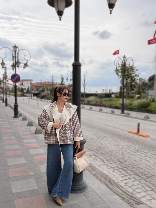 Çift Taraflı Şal Detaylı Ekose Desen Ceket