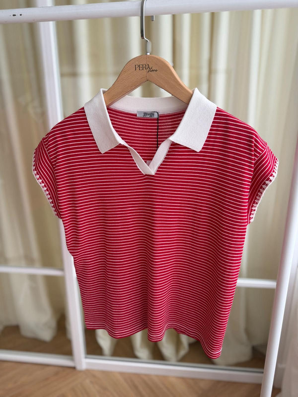 Çizgili  Polo Yaka Kırmızı Tshirt