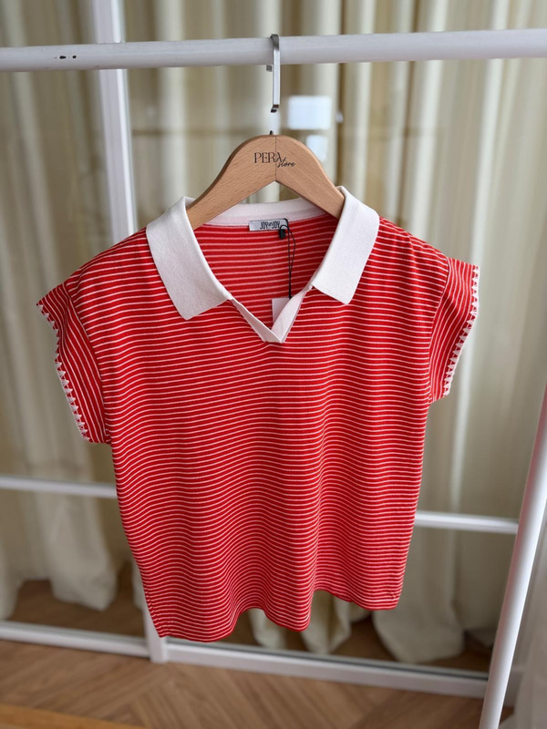 Çizgili  Polo Yaka Turuncu Tshirt