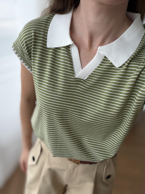 Çizgili  Polo Yaka Yeşil Tshirt
