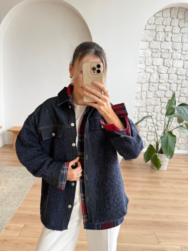 Denim Garnili Buklet Ceket