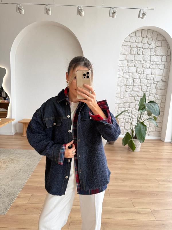 Denim Garnili Buklet Ceket