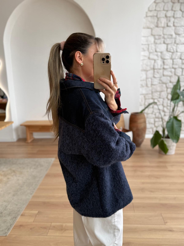 Denim Garnili Buklet Ceket