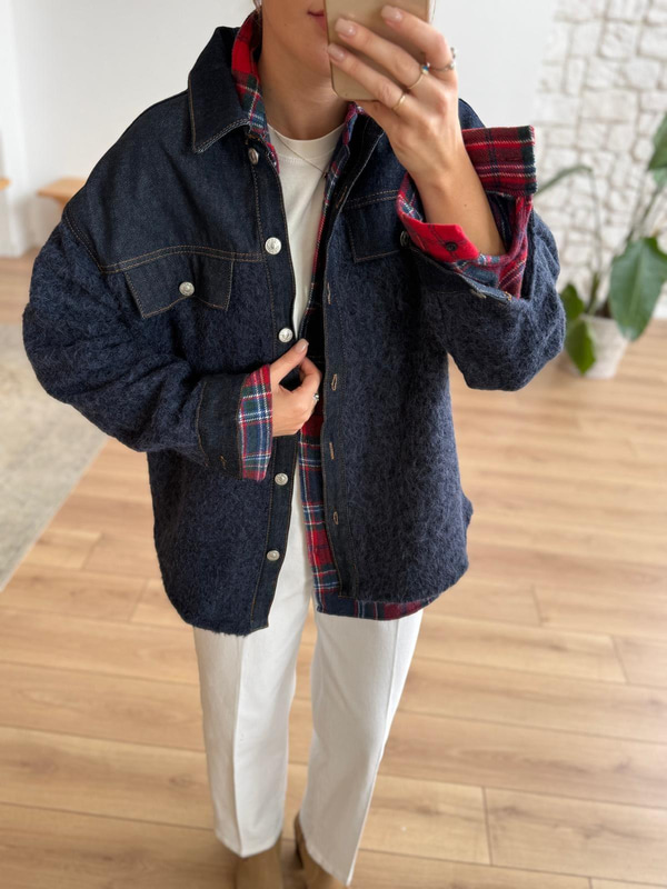 Denim Garnili Buklet Ceket