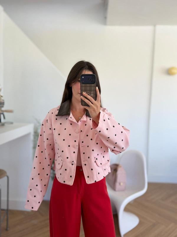 Deri Yaka Puantiyeli Pembe Ceket