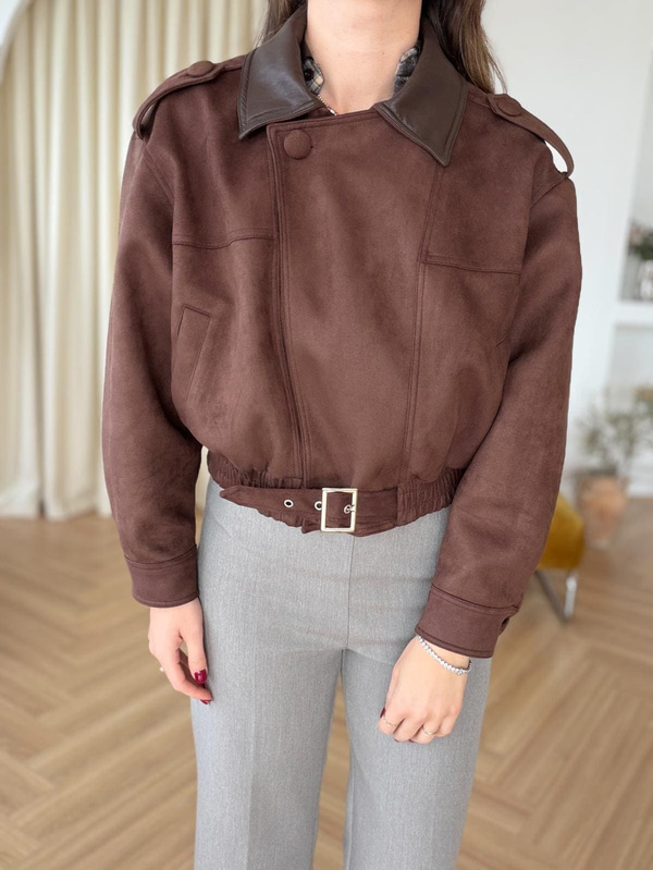 Deri Yakalı Süet Bomber Ceket-Kahve