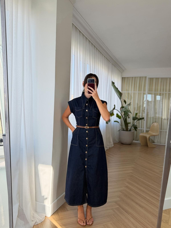 Dikiş Detaylı Denim Elbise 