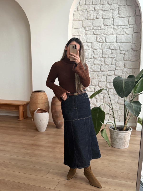 Dikiş Detaylı Kot Etek