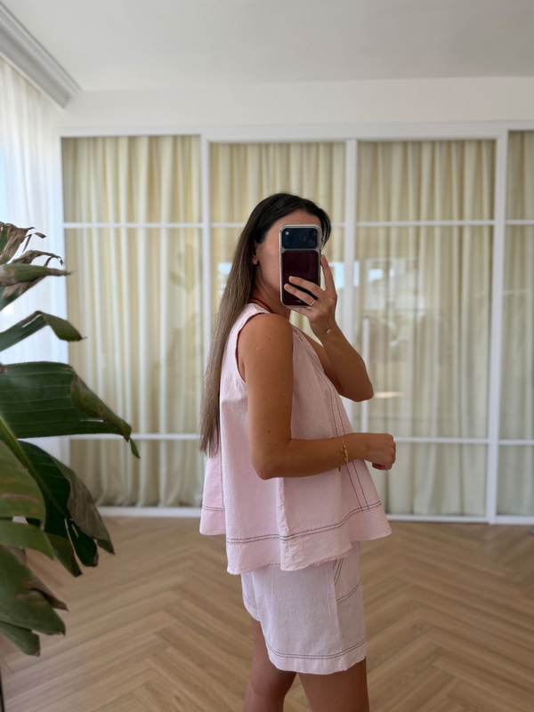 Dikiş Detaylı Pembe Şort Takım