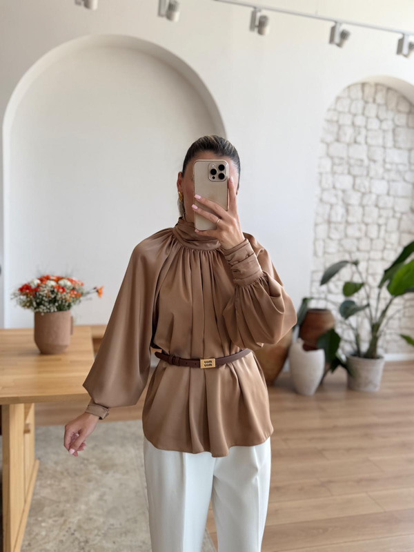 Drapeli Balon Kol Camel Saten Bluz