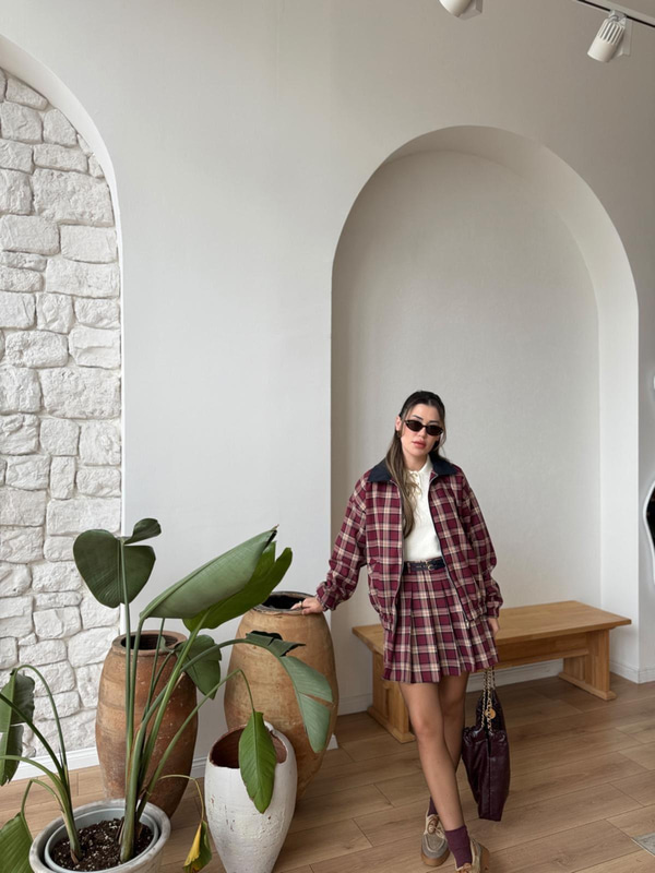 Ekose Desen Bordo Bomber Ceket