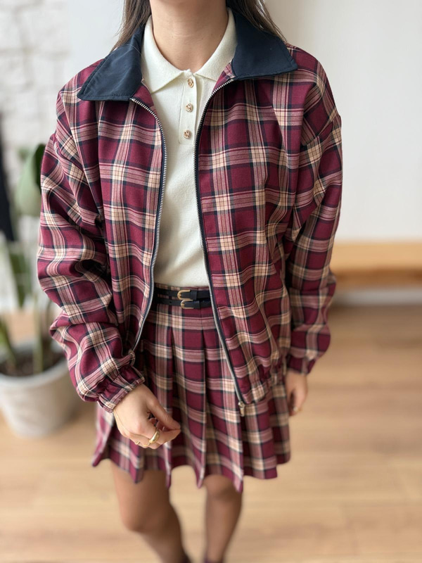 Ekose Desen Bordo Bomber Ceket
