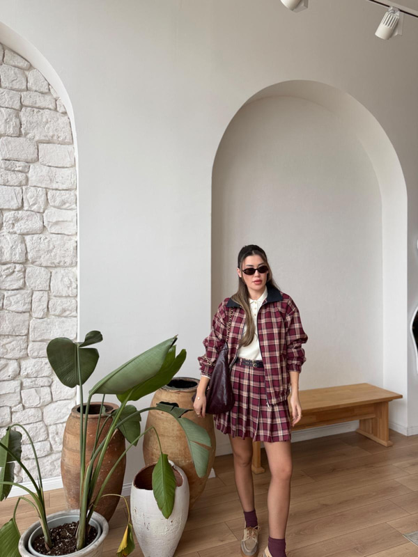 Ekose Desen Bordo Bomber Ceket