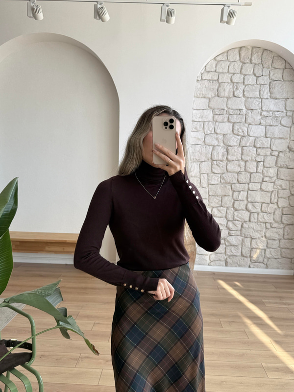 Ekose Desen Kahverengi Lacivert Saten Etek