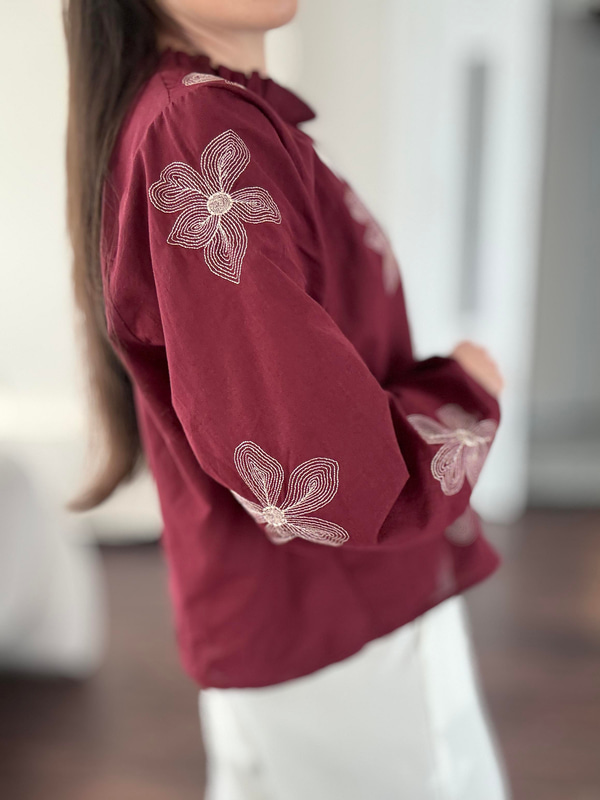 Ekru Nakışlı Bordo Vual Bluz