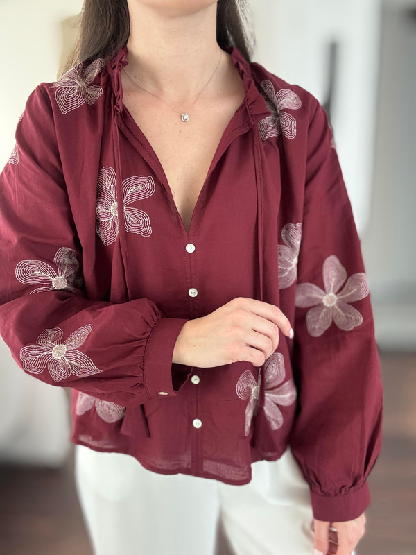 Ekru Nakışlı Bordo Vual Bluz