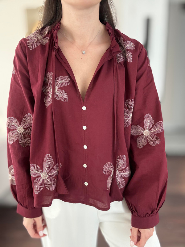 Ekru Nakışlı Bordo Vual Bluz