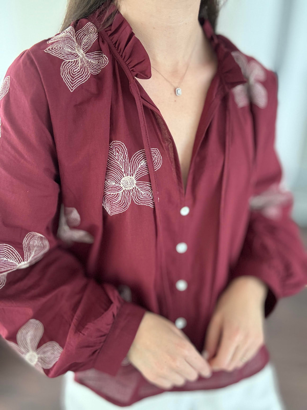 Ekru Nakışlı Bordo Vual Bluz
