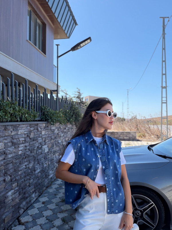 Ekru Puantiyeli Denim Yelek