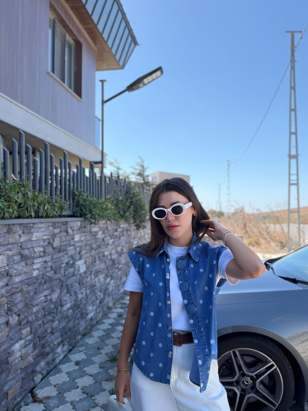 Ekru Puantiyeli Denim Yelek