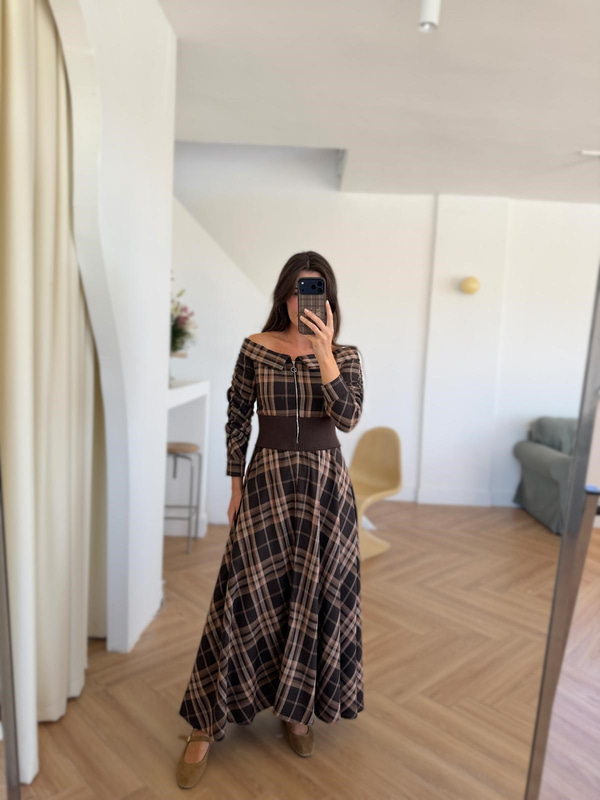 Fermuarlı Ekose Desen Kahve Elbise