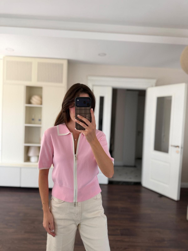 Fermuarlı Pembe Merserize Triko