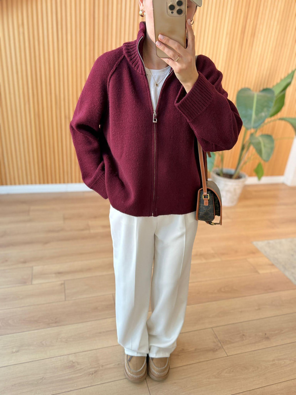 Fermuarlı Reglan Kol Bordo Hırka 