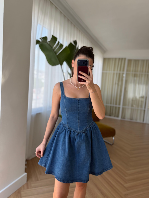 Fiyonk Detaylı Mavi Denim Elbise