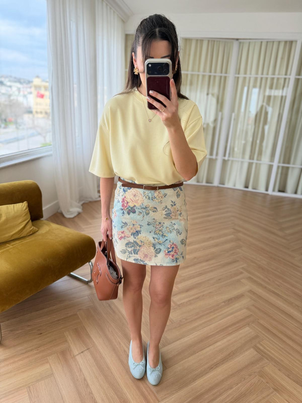 Floral Desen Ekru-Mavi Etek