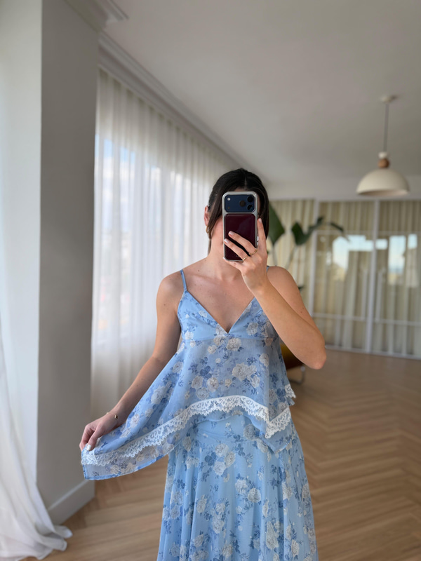 Floral Desen Mavi Bluz