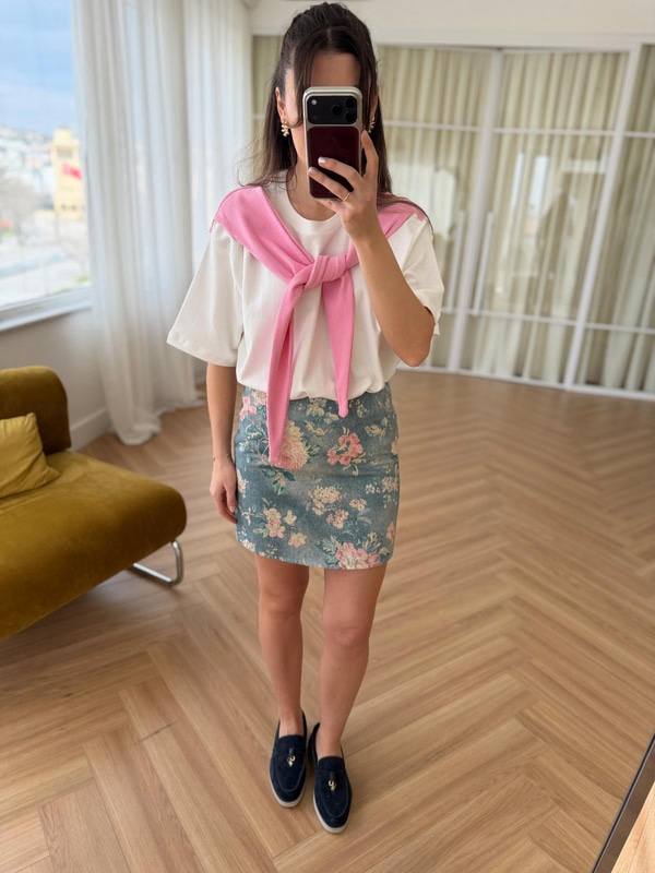 Floral Desen Mavi Etek