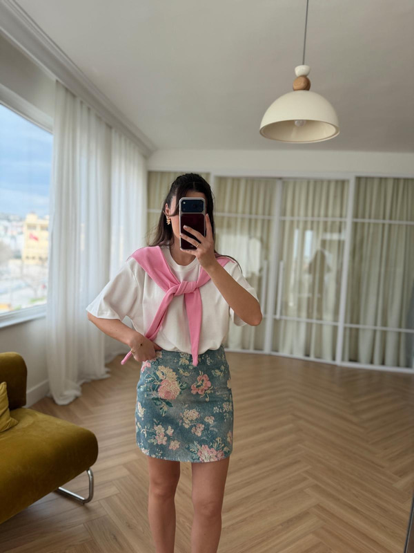 Floral Desen Mavi Etek